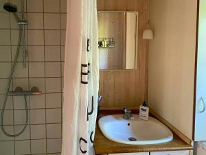 ein Badezimmer mit Waschbecken und Dusche in der Unterkunft Holiday Home By Viking Grave And Protected Nature in Korsør