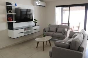 ein Wohnzimmer mit zwei Sofas und einem Fernseher in der Unterkunft Mi Casita San Miguel in San Miguel