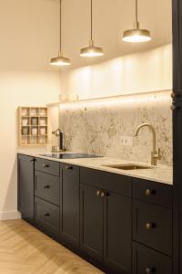 una cocina con fregadero y encimera en Feel Lviv! Old City Apartment, en Leópolis