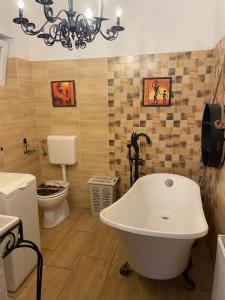 a bathroom with a white tub and a toilet at Hacienda Apartman in Békéscsaba +5 photos