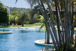 a swimming pool with palm trees in a park at Iloa Residence 103A in Barra de São Miguel