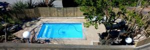 a blue swimming pool in a yard with a fence at Phoenix Lodge and Waterside Accommodation in Knysna