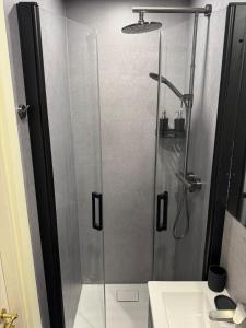 a glass shower in a bathroom with a sink at Bed and Breakfast Heemraadssingel in Rotterdam