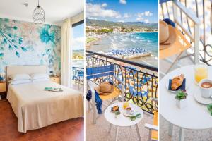 ein Hotelzimmer mit Blick auf den Strand und ein Schlafzimmer in der Unterkunft Hotel Golfo e Palme in Diano Marina