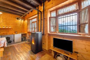 a living room with a television and a fireplace at La Vieille École Montjovet in Fenillettaz