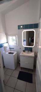 Un baño pequeño con lavabo y espejo. en Gîte Lavande, en Entrechaux