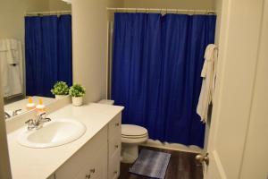 a bathroom with a sink and a blue shower curtain at 4BR Beautiful Home in Princeton in Princeton