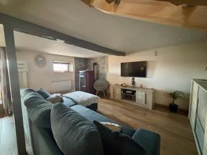 ein Wohnzimmer mit einem blauen Sofa und einem Fernseher in der Unterkunft Petite maison de campagne in Giat