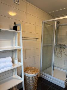 a bathroom with a shower and a glass shower stall at HB HolidayHomes - The White Pearl in Tromsø