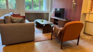 BourdeauにあるLa Molle du Lacのソファとテレビのあるリビングルーム