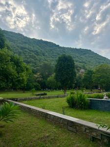 a view of a park with a mountain in the background at Surya Bagh - A Luxury Hideaway - 20 minutes drive to Tehla gate, Sariska Tiger Reserve & 10 minute from Bhangarh Fort in Dogeta