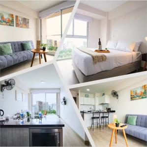 four pictures of a bedroom and a living room at Connect Apartment by Vibrant in Lima +83 photos