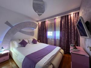 1 dormitorio con 1 cama, TV y cortinas en Cosy Home Apartament, en Craiova