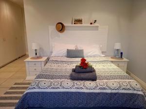 Un dormitorio con una cama con un edredón azul y blanco. en T15SelborneGolfEsatePennington, en Vosburg 9 fotos más