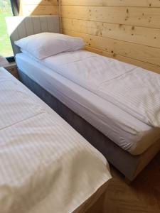 two twin beds in a room with wooden walls at Villa Brzezinów in Tłuszcz