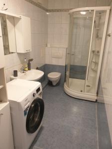a bathroom with a washer and a toilet and a shower at Park Regana in Gdańsk +31 photos