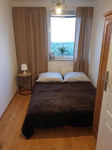 a bedroom with a large bed with a window at Park Regana in Gdańsk