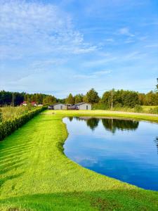 a pond in the middle of a grassy field at Holiday home Ūdensrozes in Pērkone