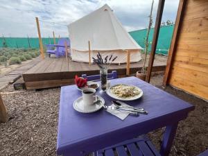 a blue table with a plate of food and a tent at Glamping Rincón de Lavanda in Texcoco de Mora