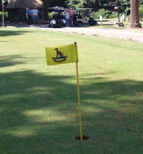 Un cartel amarillo con un mono en el césped. en T15SelborneGolfEsatePennington, en Vosburg