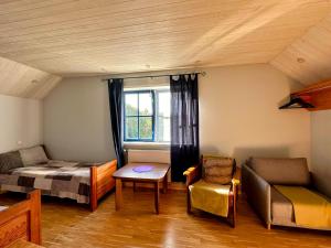 a room with a bed and a couch and a table at Lake View Apartment at North Lakeside Villa Plateliai in Medsėdžių