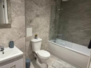 a bathroom with a toilet and a tub and a sink at Cosy Chic - On The High Street in Swindon