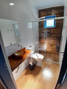 une salle de bain avec un lavabo et des toilettes dans l'établissement Pousada Fazendinha Alto da Serra, à Serra Negra