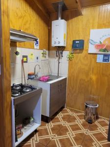 a small kitchen with a sink and a stove at CABAÑAS RINCON SOLEADO, Chile Chico in Chile Chico