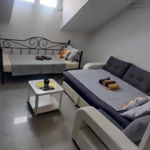 a room with two beds and a couch and a table at Studio apartman Laura in Vinkovci
