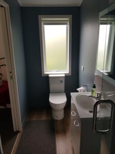 a bathroom with a toilet and a sink and a window at Garden Studio in Rotorua