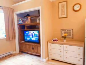 a living room with a tv and a dresser with a dresser at Waterfront Comfy Guesthouse, PEC in Carrying Place