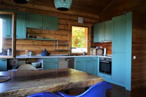 a kitchen with blue cabinets and a wooden wall at Norwegisches Blockhaus mit Gartensauna in Bad Münstereifel