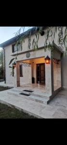 IsacceaSouvenir的一座白色的大建筑,设有门廊