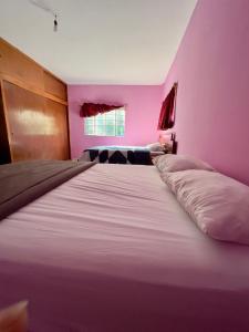 un grand lit dans une chambre aux murs roses dans l'établissement Chalet 1 hectárea junto al río y montaña a 20 min de Orizaba, à Nogales