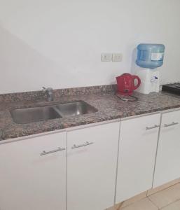 un bancone della cucina con lavandino e tazza rossa di habitacionesanamora a La Plata