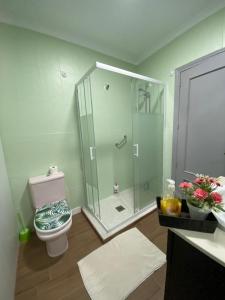 a bathroom with a glass shower and a toilet at Casa Rural Maria in Pinos Genil