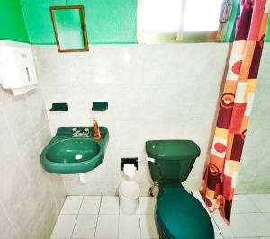 a bathroom with a green toilet and a sink at Nice bedroom at 5 min Mexico City Airport T1 & T2 in Mexico City