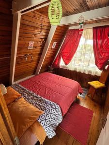 コキンボにあるTropical Cabaña Bのキャビン内の赤いベッド1台が備わるベッドルーム1室を利用します。