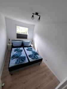 a bedroom with a bed with blue pillows and a window at Ferienwohnung Balu in Bad Harzburg