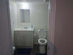 ein Badezimmer mit Toilette, Waschbecken und Spiegel in der Unterkunft Beautiful&Spacious 2 Bedroom Basement Family Suite in Bradford + 12 Fotos