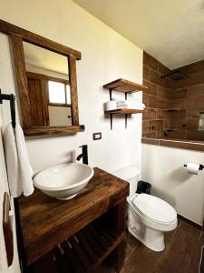 Un baño con lavabo, inodoro y espejo. en Cabaña Xamixkali, en Zacatlán 42 fotos más
