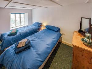 ein Schlafzimmer mit zwei Betten mit blauer Bettwäsche und einem Spiegel in der Unterkunft Riverside Cottage in Lynton