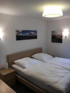 a bedroom with a white bed with a light at Casa Manderscheid in Manderscheid