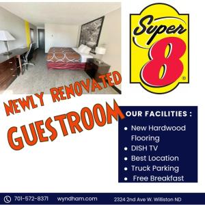 a flyer for a hotel room with a bed and a sign at Super 8 by Wyndham Williston ND in Williston