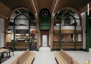 un comedor con 2 bancos y una mesa en กรุงไทย โฮสเทล สเตชั่น, en Thonhuri