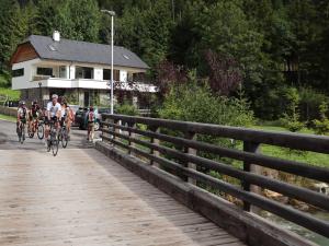 a group of people riding bikes on a bridge at Chalet in Mauterndorf near Ski Lift in Mauterndorf +26 photos