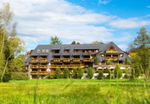 ein großes Gebäude mit Rasen davor in der Unterkunft Hotel Thomahof in Hinterzarten