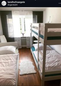 a bedroom with two bunk beds and a window at Landhof Nägele's vom Berg in Argenbühl