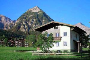 a house in a field with a mountain in the background at Haus Bauer in Pertisau
