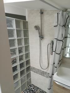 a shower in a bathroom with a shower curtain at Maison 4 pers, calme et confort in Opoul-Périllos +12 photos